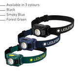 Ledlenser HF4 in its three colours: Black, Smoky Blue and Forest Green