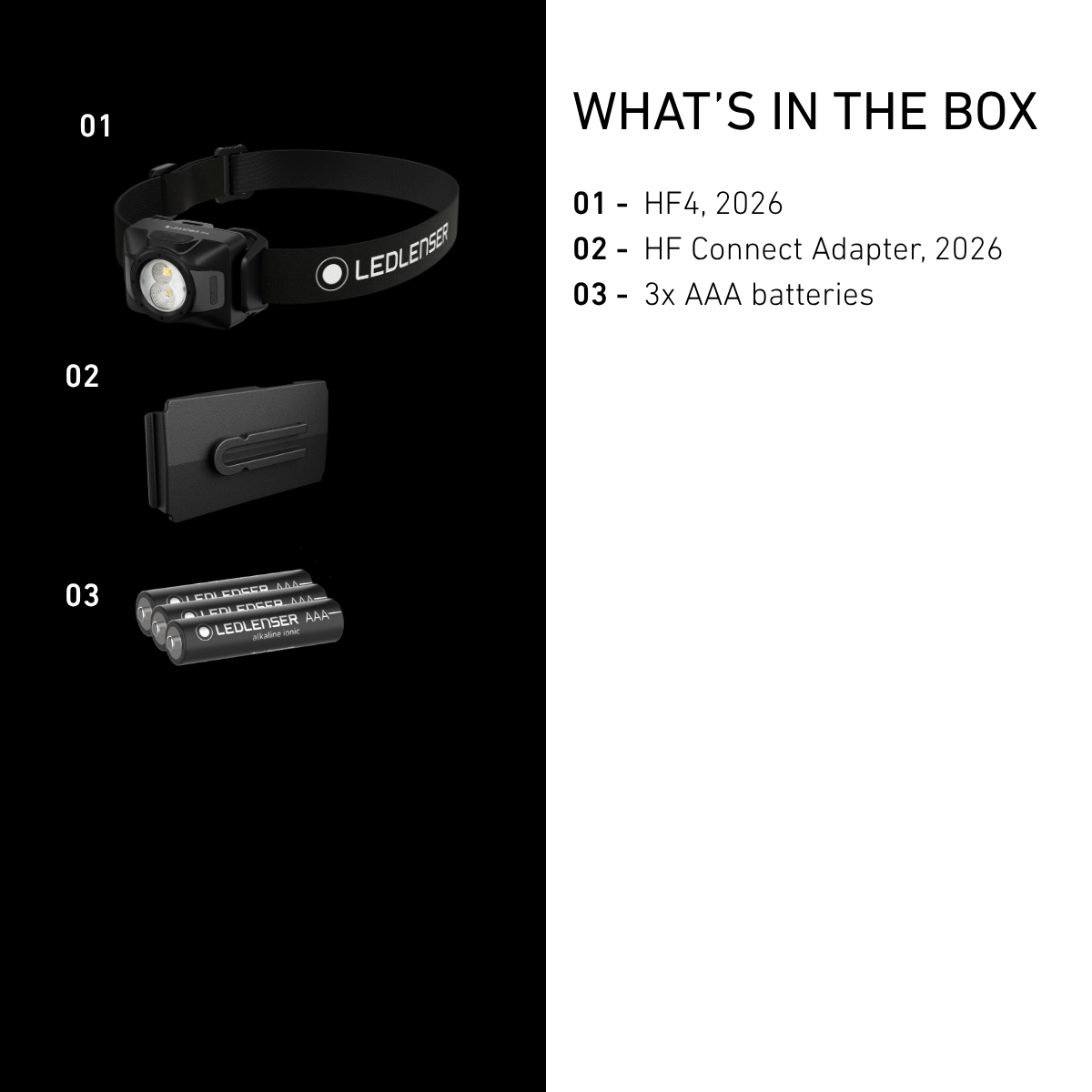 Ledlenser HF4 box contents: head torch, HF Connect Adapter and 3 AAA batteries