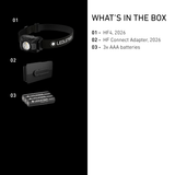 Ledlenser HF4 box contents: head torch, HF Connect Adapter and 3 AAA batteries