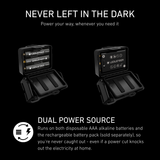 Ledlenser HF4 Dual Power: battery compartment shown with AAA batteries and with the rechargeable pack