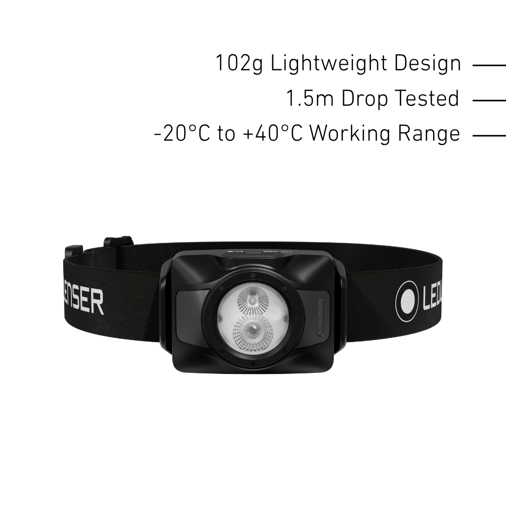 Front of the Ledlenser HF4 in black, 102g, 1.5m drop tested, -20 to +40C working range