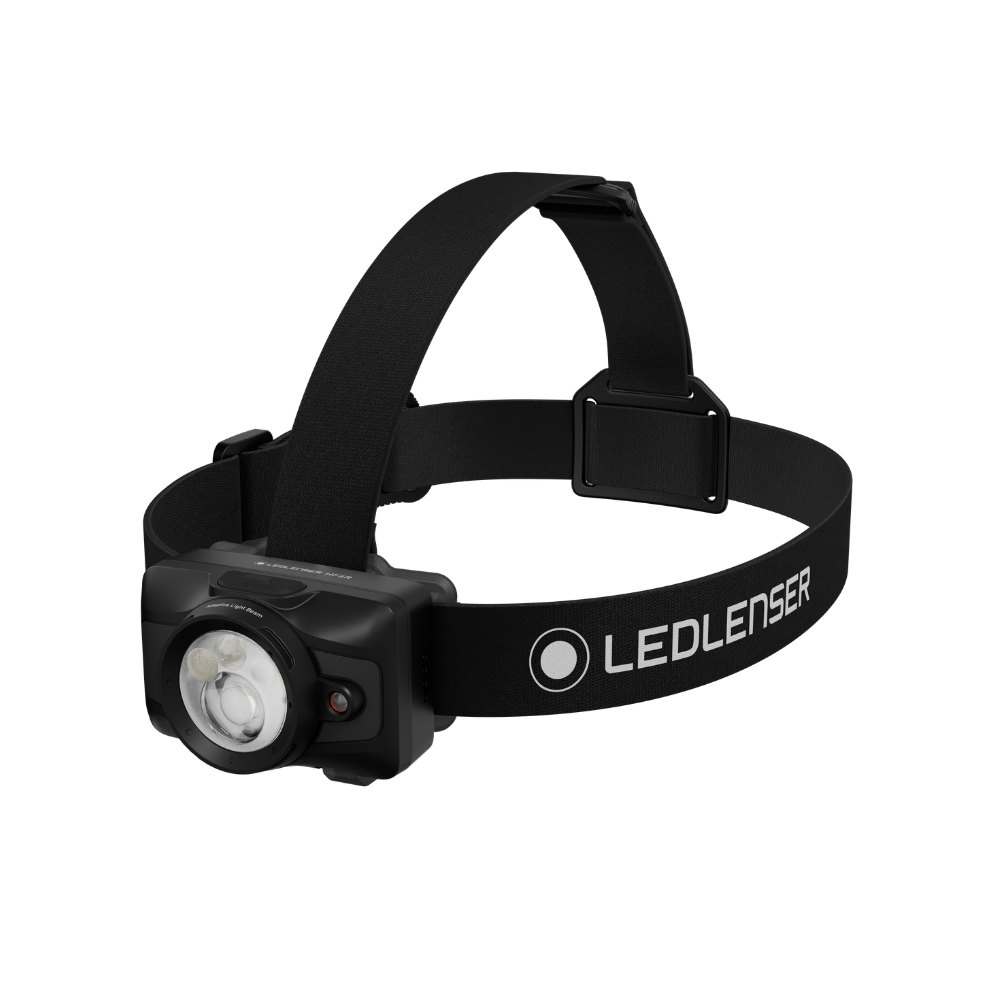 Ledlenser HF6R head torch in black with aluminium lamp head, red front LED and top strap