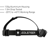 Side view of the Ledlenser HF6R headband and top strap, 130g aluminium housing, 1.5m drop tested