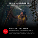 Hiker reaching up to a tree branch in a dark forest, explaining the Ledlenser Adaptive Light Beam