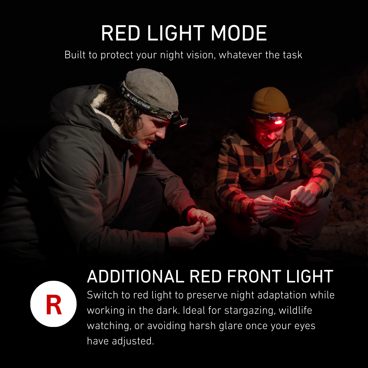 Two men crouching at night under the red front light of a Ledlenser head torch