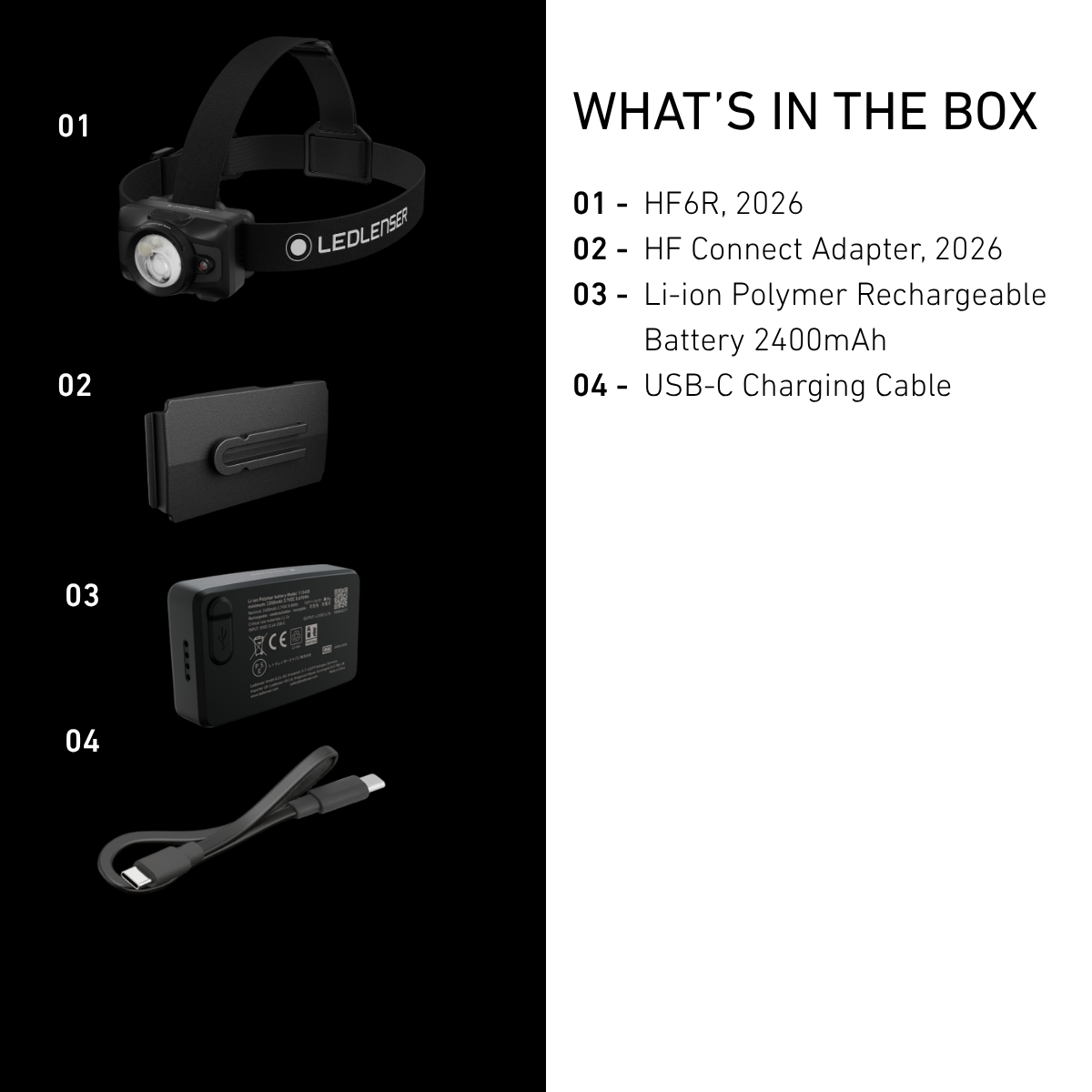 Ledlenser HF6R box contents: head torch, HF Connect Adapter, 2400mAh battery and USB-C cable