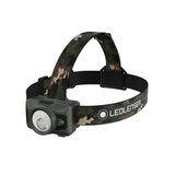 Ledlenser HF6R RGB head torch with olive green housing, woodland camo headband and top strap