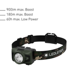 Ledlenser HF6R RGB camo head torch with output figures: 900 lumens, 180m beam, 60 hours on Low Power