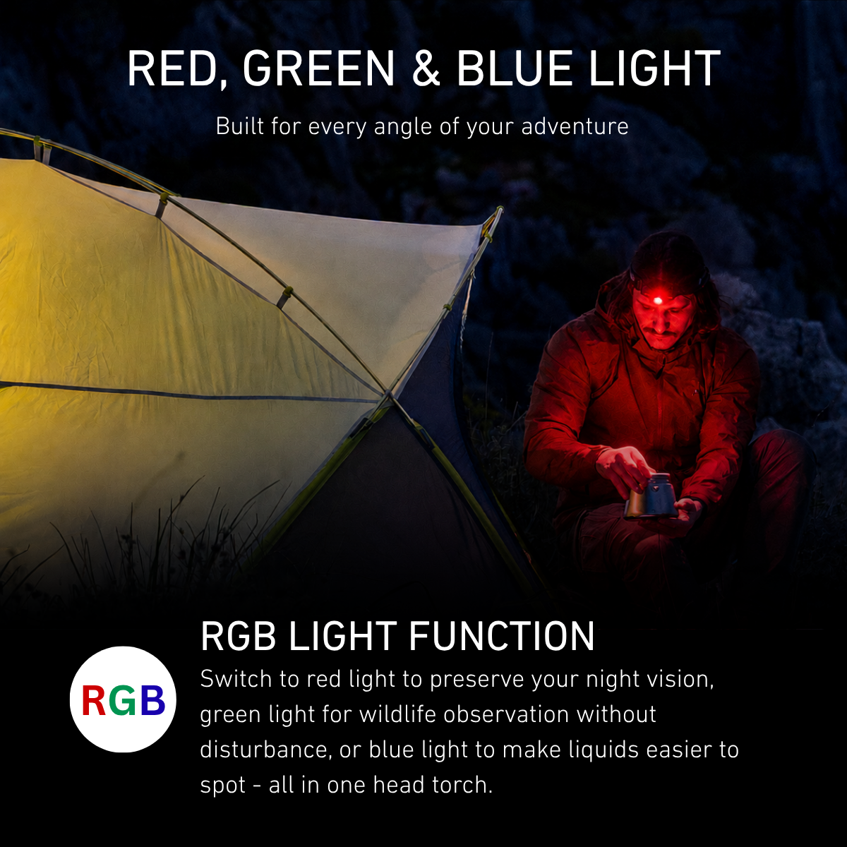 Camper by a tent at night under red light from a Ledlenser head torch, showing the RGB light function