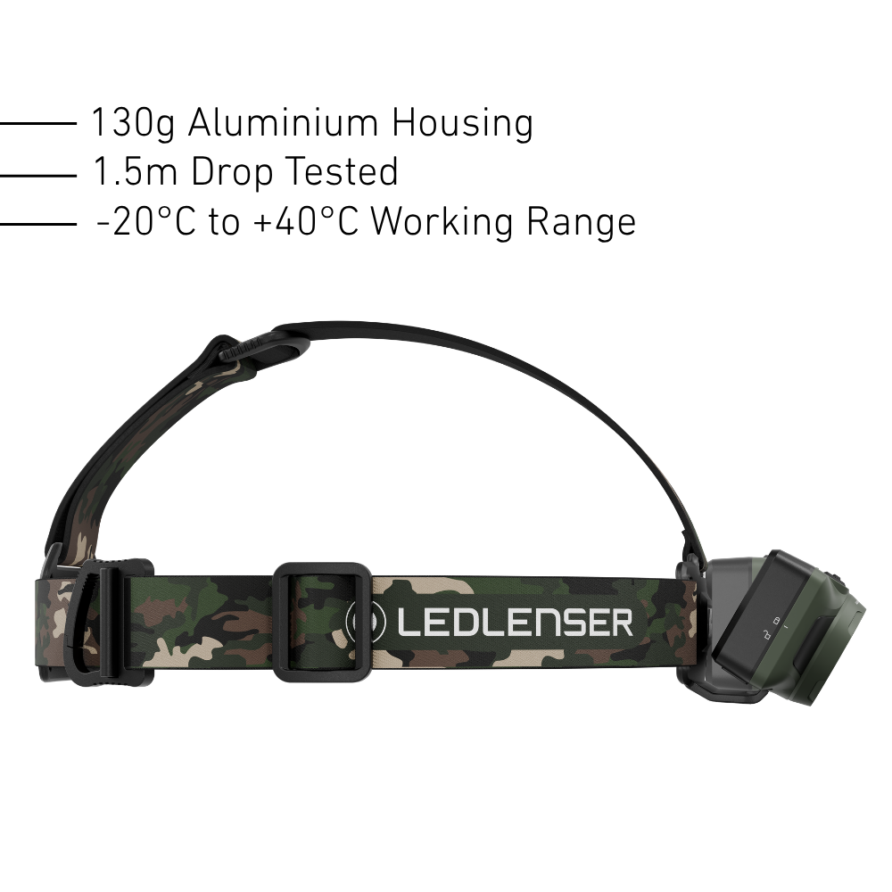 Side view of the Ledlenser HF6R RGB showing the camo top strap, 130g aluminium housing and 1.5m drop rating