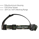 Side view of the Ledlenser HF6R RGB showing the camo top strap, 130g aluminium housing and 1.5m drop rating