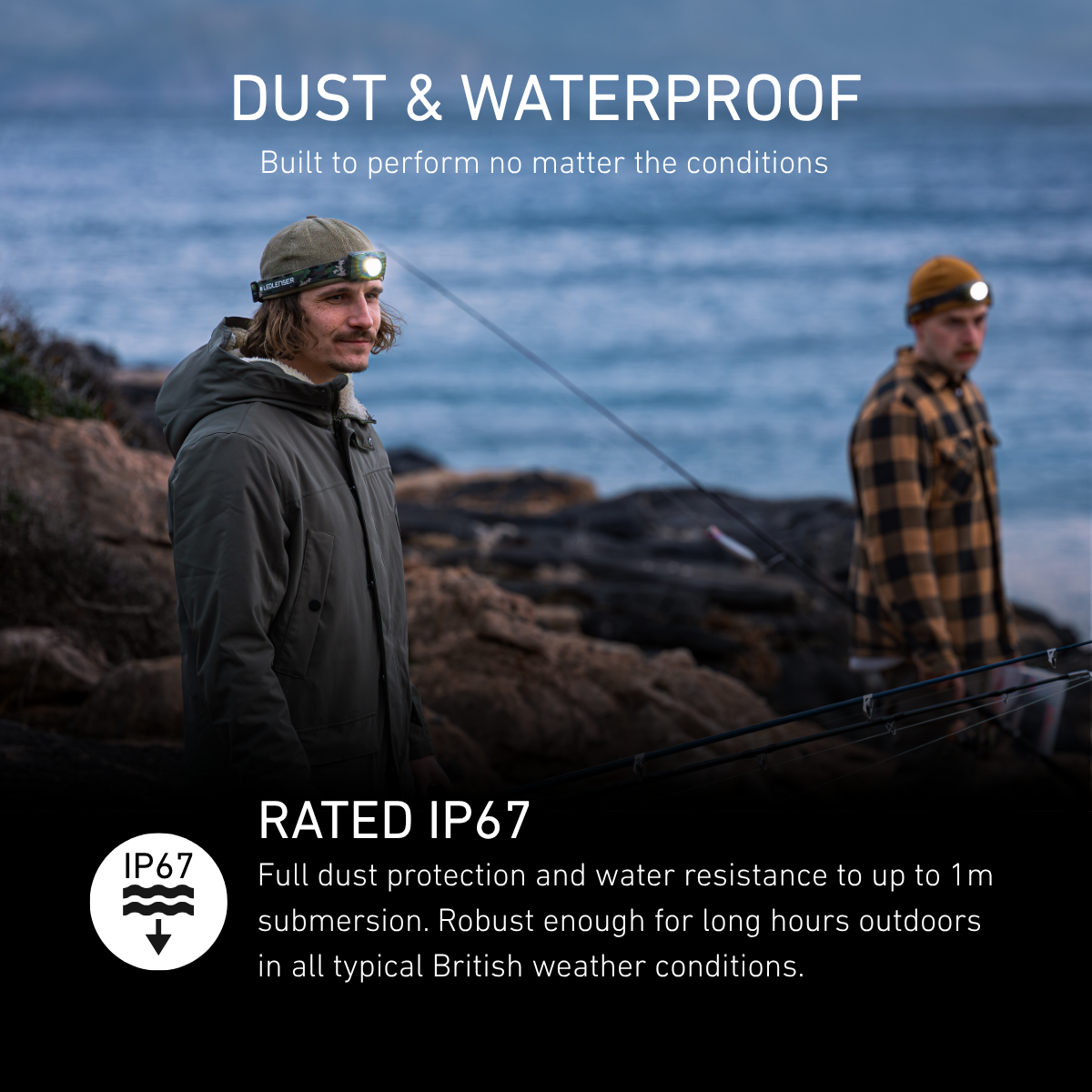 Two anglers on a rocky shore wearing Ledlenser head torches, with IP67 dust and waterproof rating