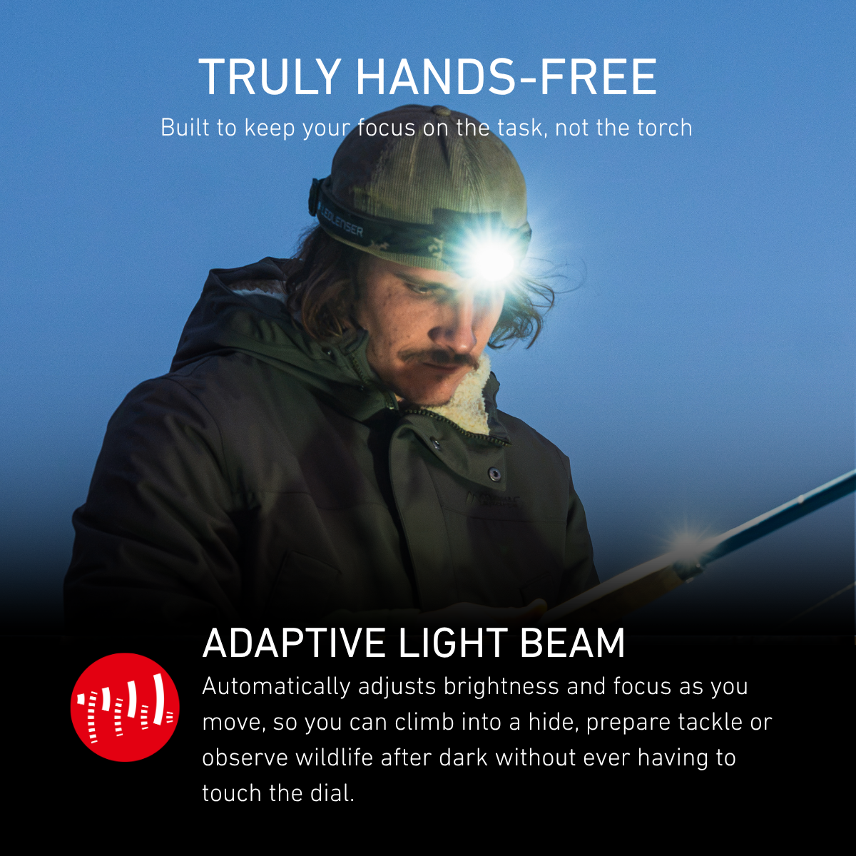 Angler wearing a Ledlenser head torch at dusk, illustrating the hands-free Adaptive Light Beam
