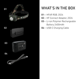 Ledlenser HF6R RGB box contents: head torch, HF Connect Adapter, 2400mAh battery and USB-C cable