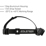 Side view of the Ledlenser HF7R headband and top strap, 134g aluminium housing, 1.5m drop tested