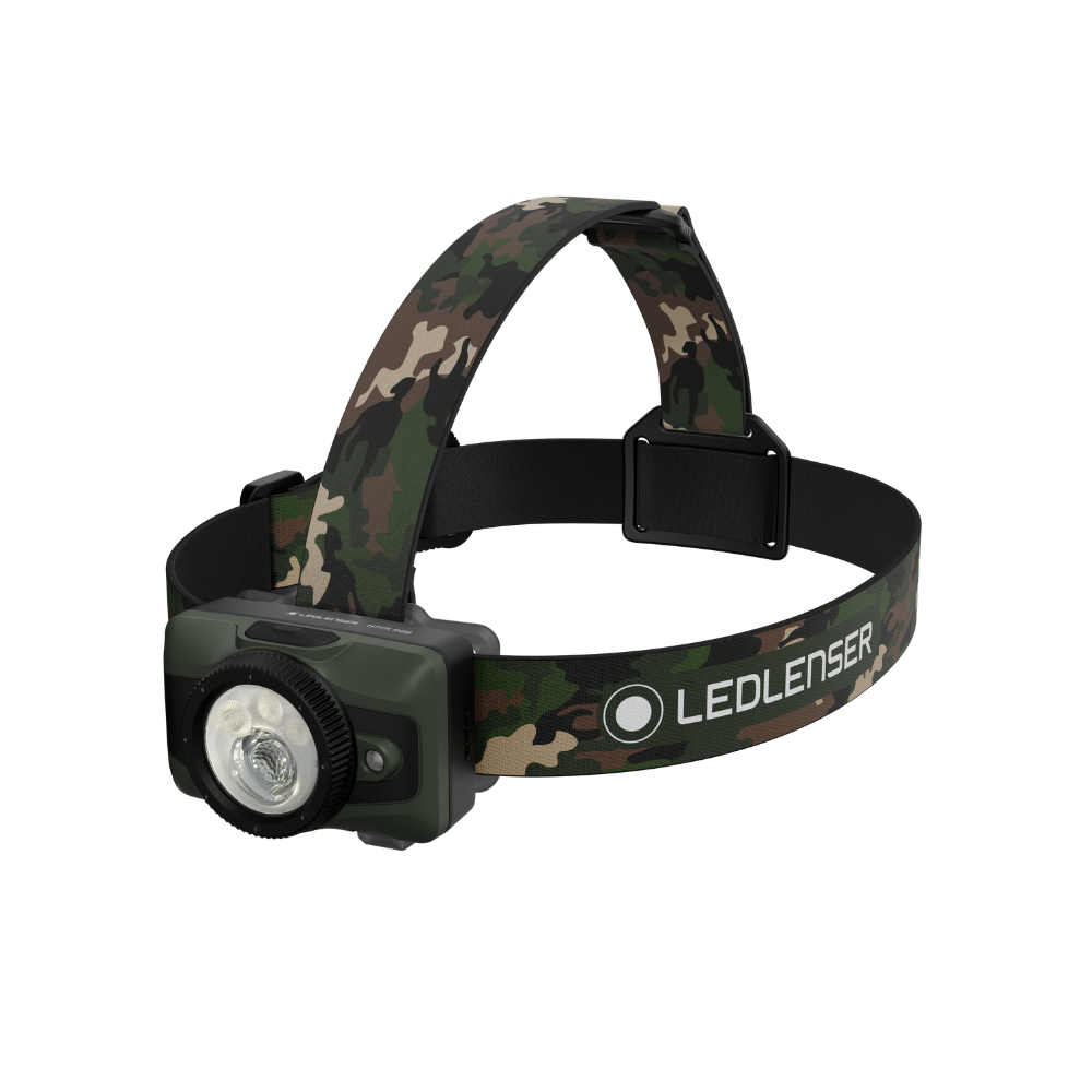 Ledlenser HF7R RGB head torch with black digital focus ring, olive green housing and camo headband with top strap
