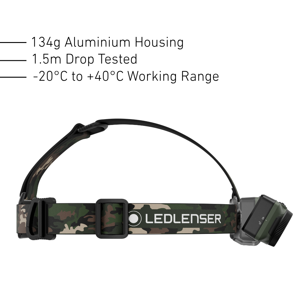 Side view of the Ledlenser HF7R RGB showing the camo top strap, 134g aluminium housing and 1.5m drop rating