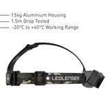 Side view of the Ledlenser HF7R RGB showing the camo top strap, 134g aluminium housing and 1.5m drop rating