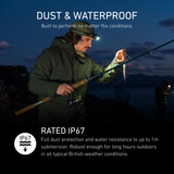Angler checking a lure by head torch light at night, with IP67 dust and waterproof rating