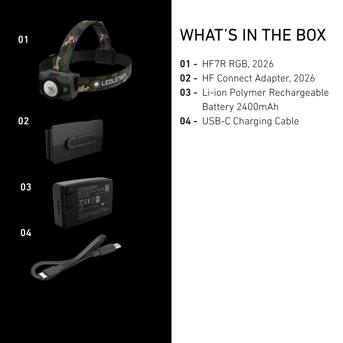 Ledlenser HF7R RGB box contents: head torch, HF Connect Adapter, 2400mAh battery and USB-C cable