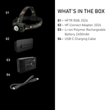 Ledlenser HF7R RGB box contents: head torch, HF Connect Adapter, 2400mAh battery and USB-C cable