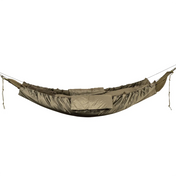 Snugpak Hammock Quilt WGTE in Olive Green suspended in hammock shape, studio shot