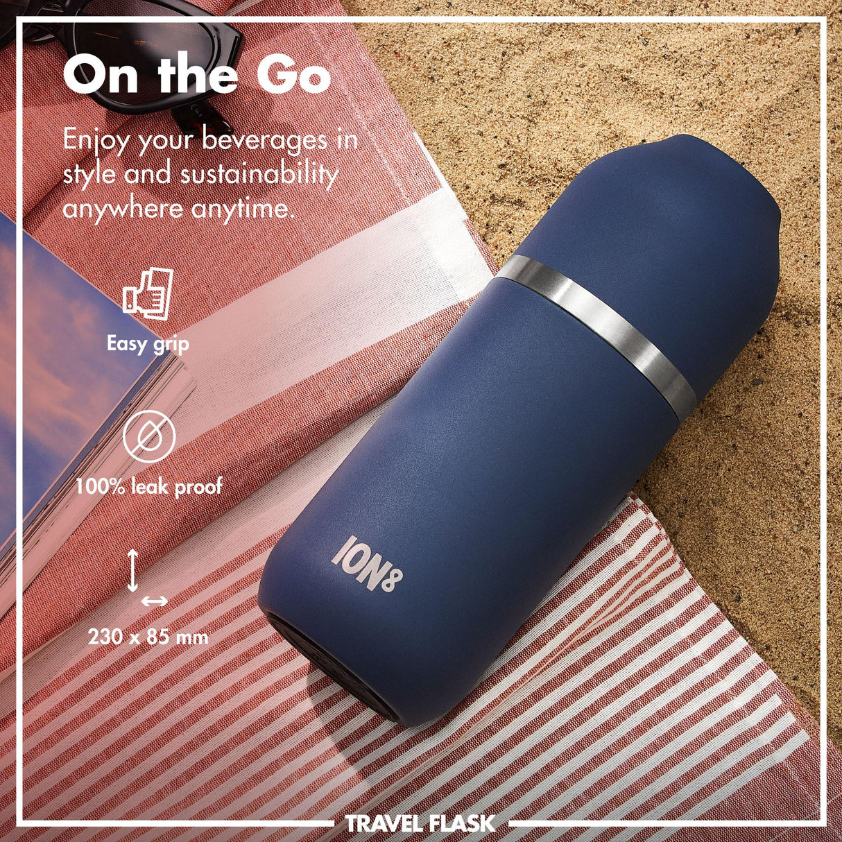 ION8 Luma Insulated Steel Flask & Mug, Ash Navy, 700ml