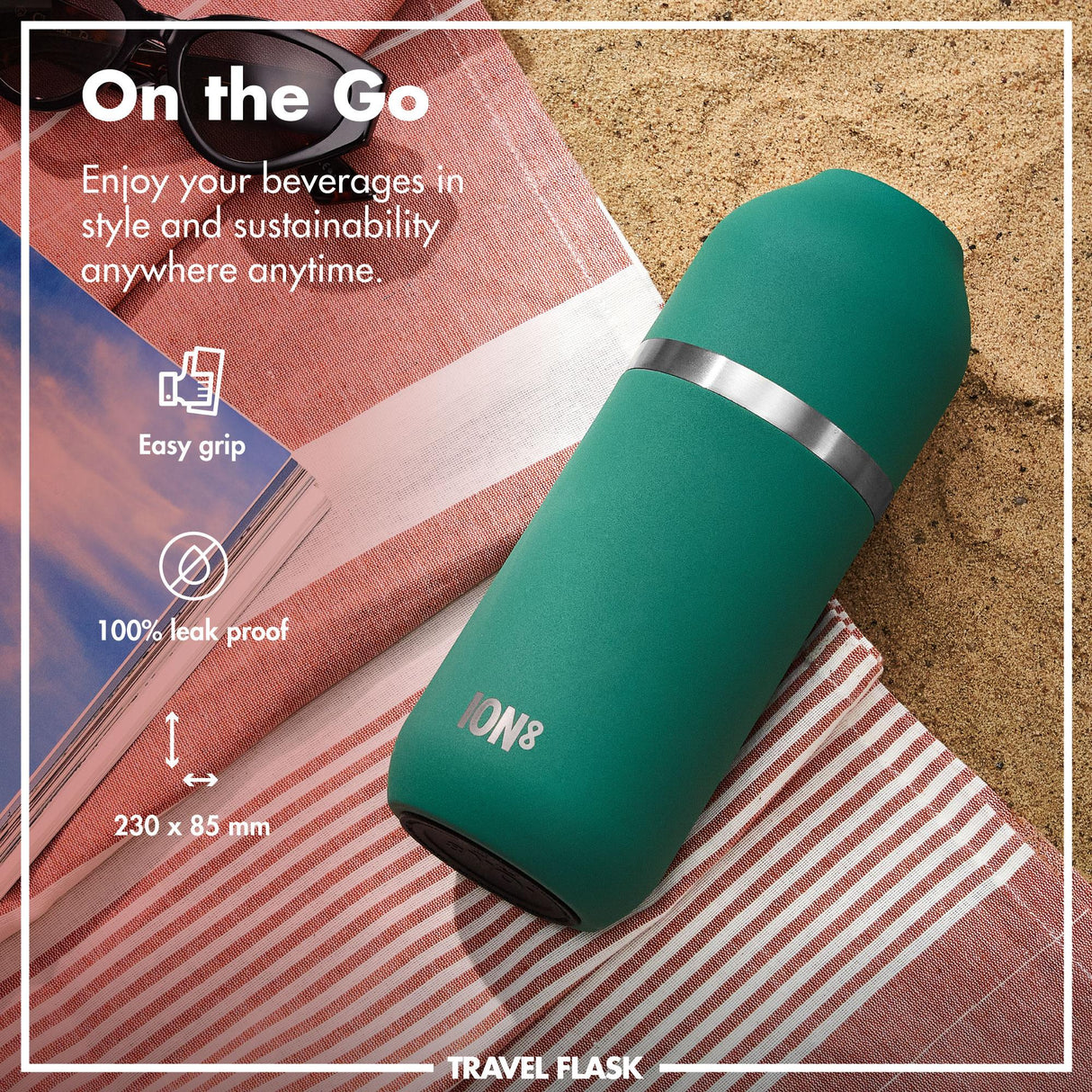 ION8 Luma Insulated Steel Flask & Mug, Green, 700ml