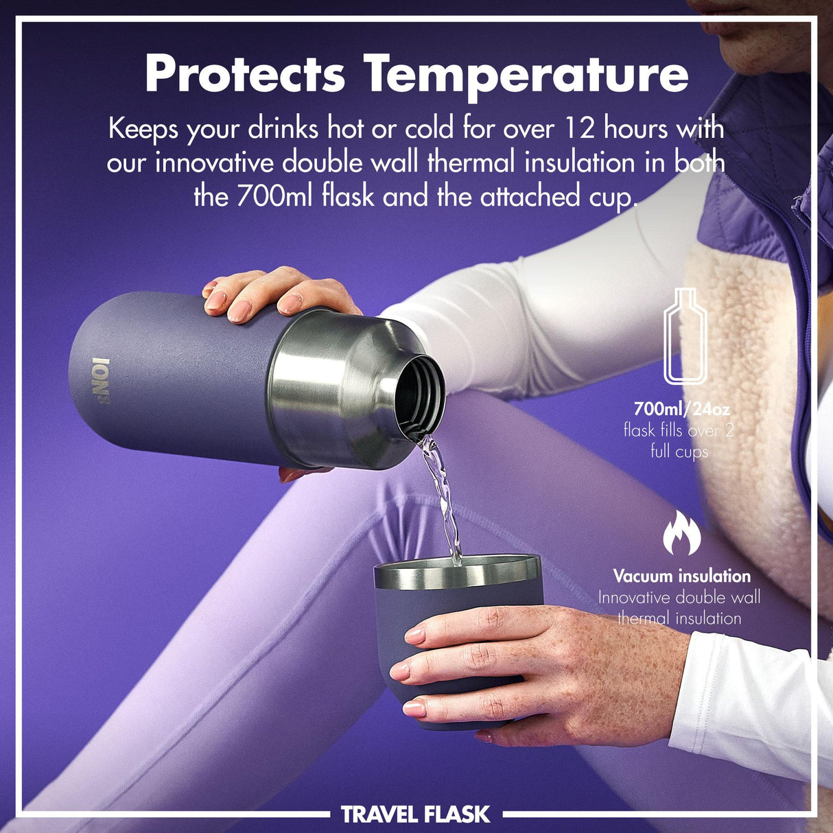 ION8 Luma Insulated Steel Flask & Mug, Purple, 700ml