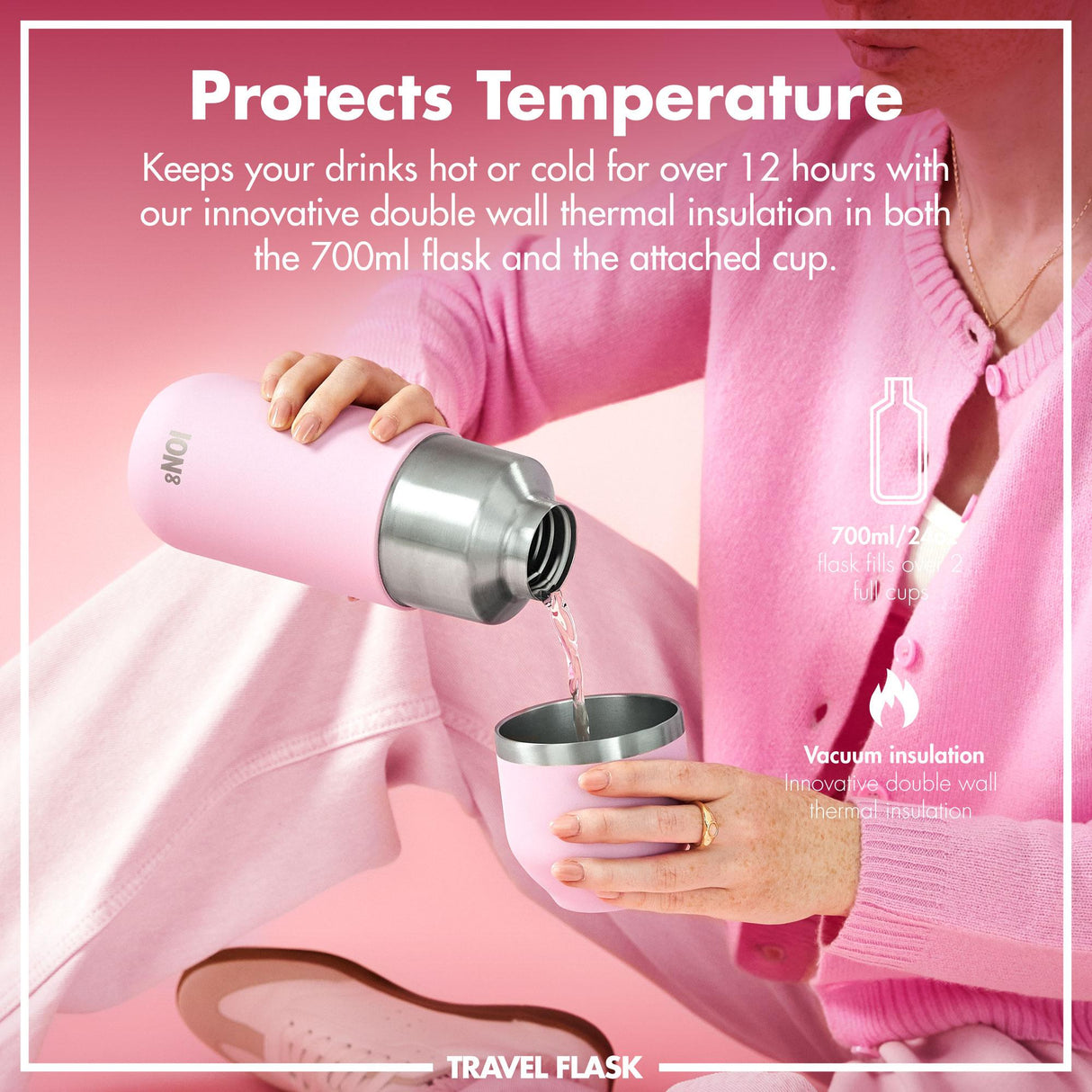 ION8 Luma Insulated Steel Flask & Mug, Rose Quartz, 700ml