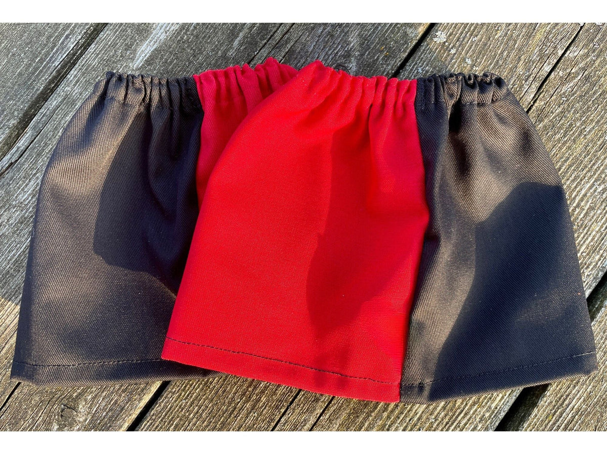 Pair of black and red harlequin sox savers laid flat showing the elasticated tops