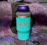 Turquoise Orbie 12oz cup holding a 330ml can in the can cooler collar, resting on a camping chair