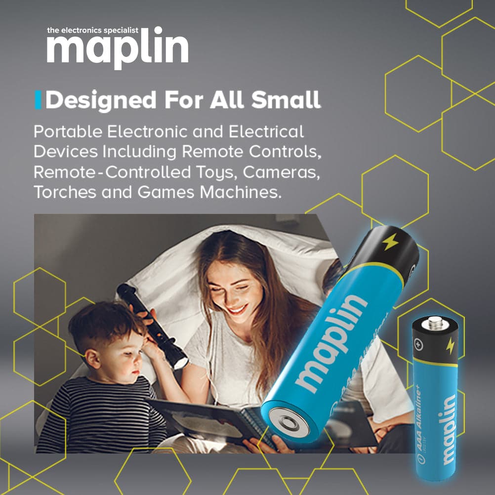 Mother and child reading under a blanket by torchlight, Maplin batteries graphic