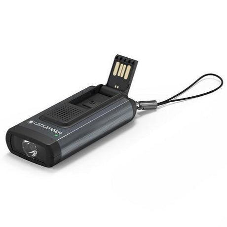 Ledlenser K6R Safety keyring torch in grey with the USB-A connector folded out