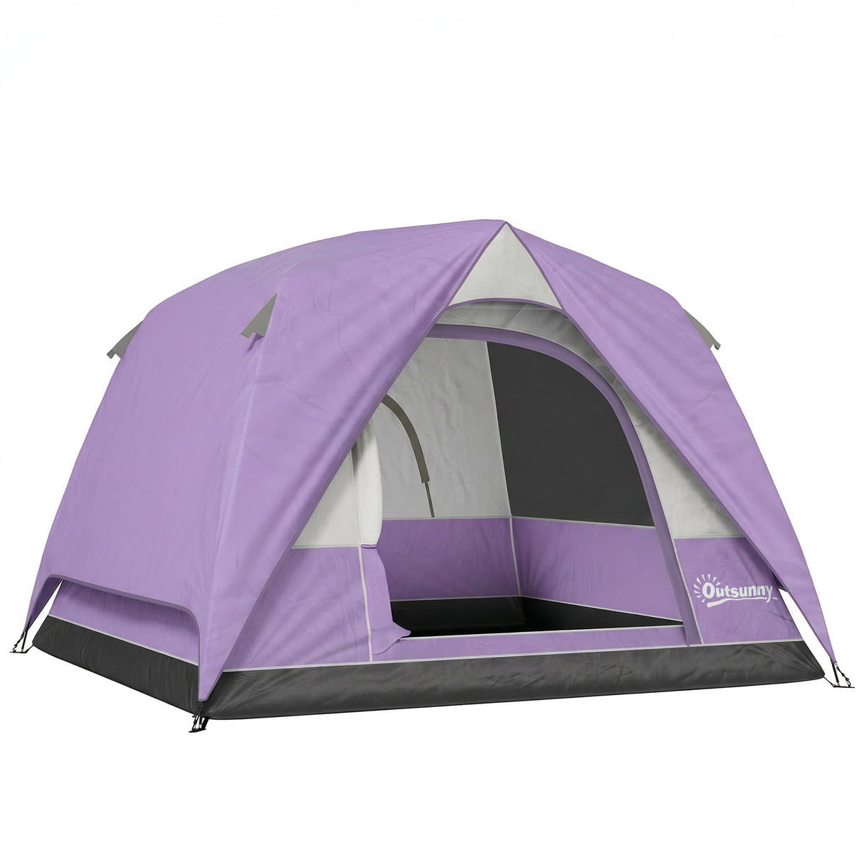 Outsunny 3-4 Person Camping Tent - Purple & Grey pitched front view