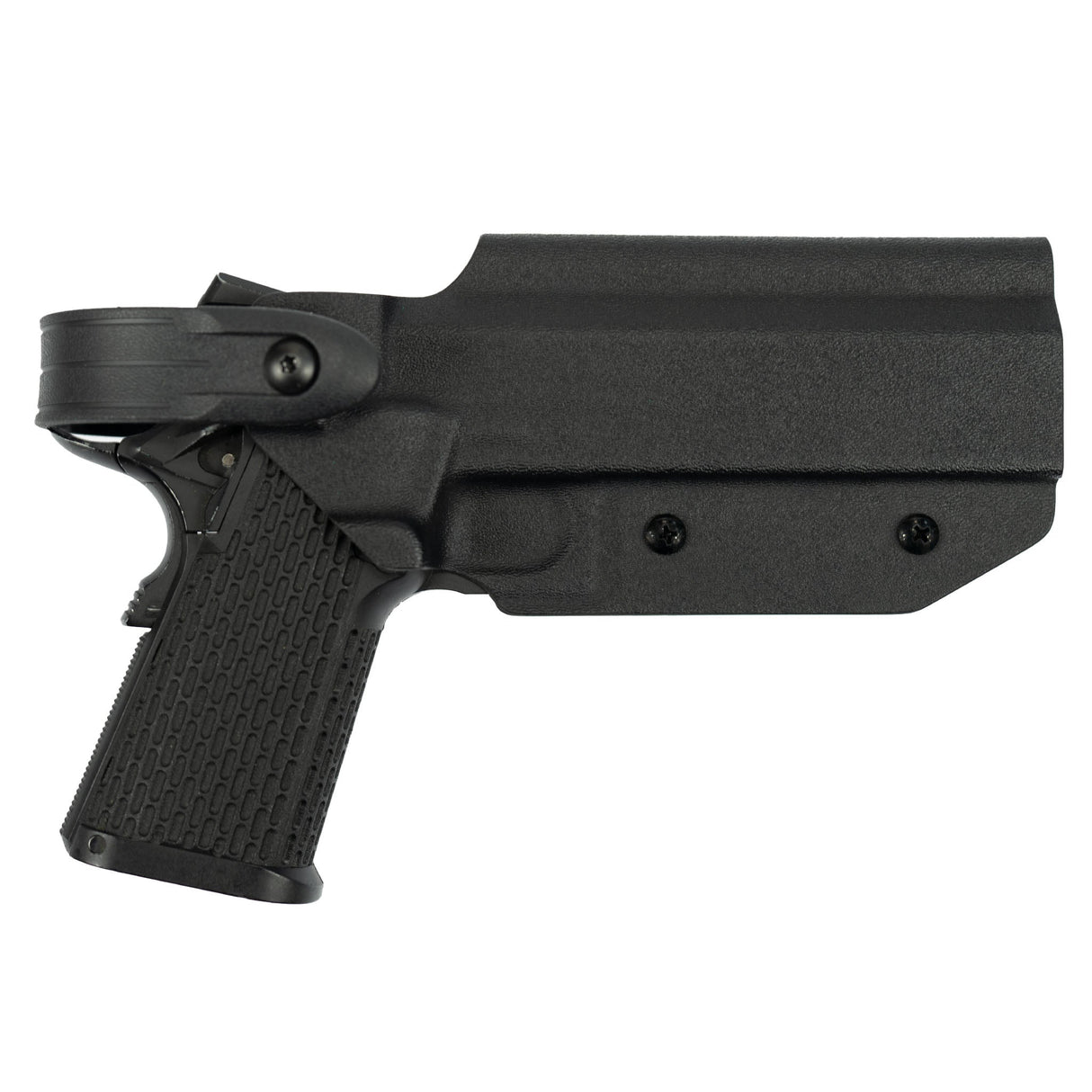 Kydex Customs L2S 2011/Hicapa Holster in black from the side on white background