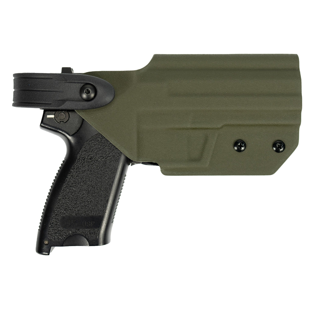 Kydex Customs L2S H&K USP Full Size Holster in green from the side on white bakground
