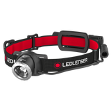Ledlenser H8R head torch with focusing lamp head, rear battery box and black and red headband