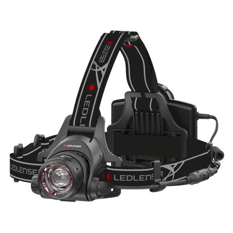 Ledlenser H14R.2 head torch with focusing lamp head, top strap and rear battery box on a grey and black headband