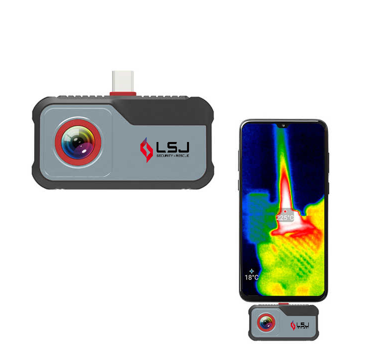 LSJ Mini4 front view beside a phone showing a thermal image