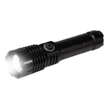Maplin rechargeable LED torch in black aluminium with the beam switched on