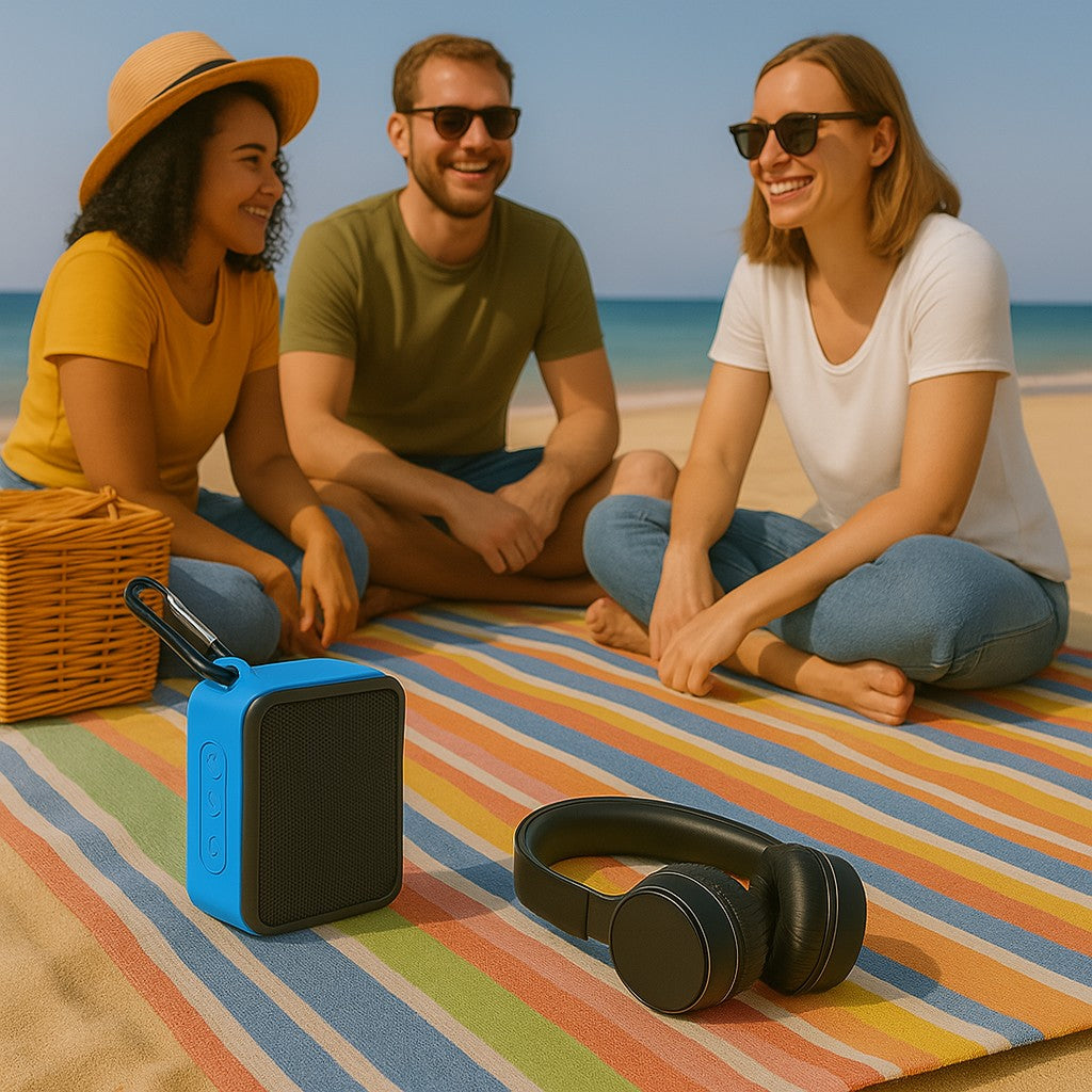 Friends on a beach picnic with the Maplin clip-on speaker on the blanket