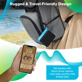 Maplin clip-on speaker hanging from a rucksack by a lake with a phone streaming