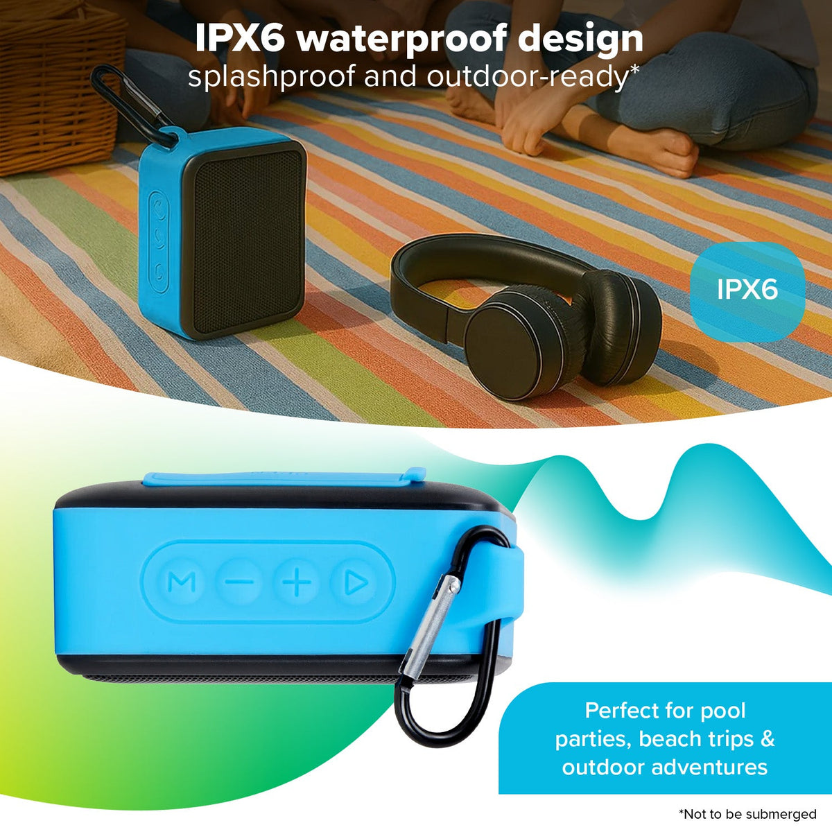 Maplin speaker IPX6 graphic on a picnic blanket beside headphones