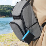 Maplin Bluetooth speaker clipped to a grey rucksack beside a lake