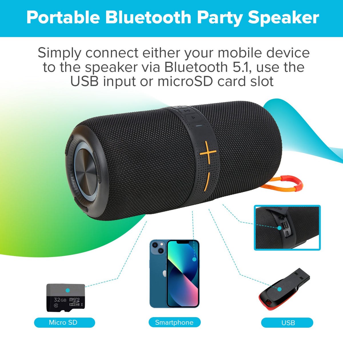 Maplin party speaker connection graphic with phone, USB stick and microSD card