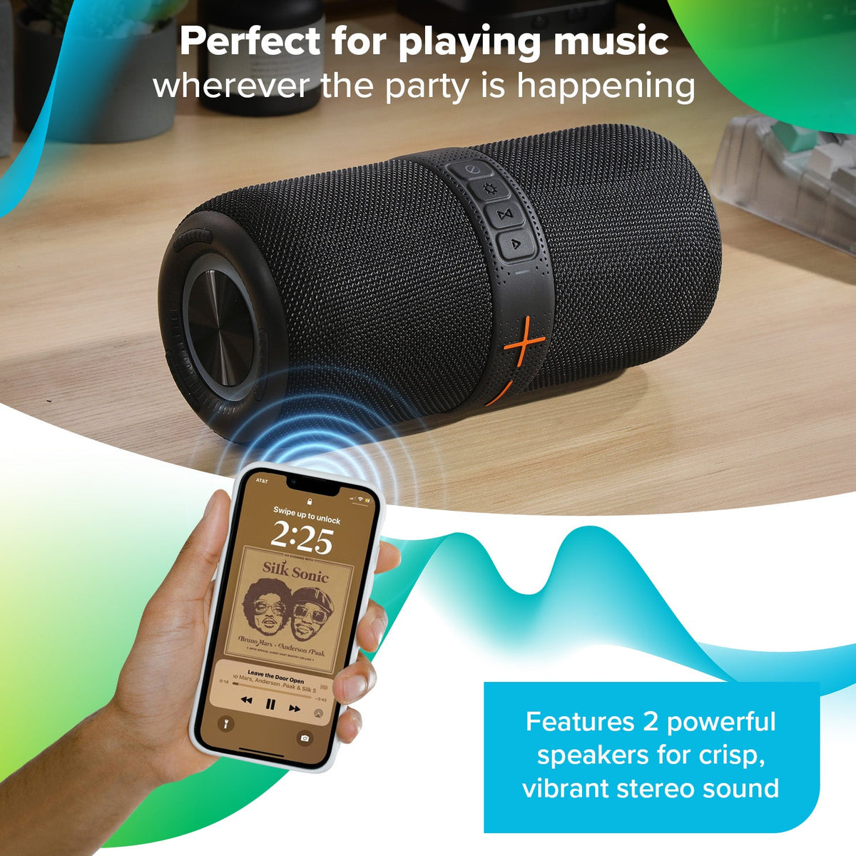 Phone streaming music over Bluetooth to the Maplin party speaker on a table