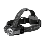 Ledlenser MH11 rechargeable head torch in black and grey with top strap, angled view
