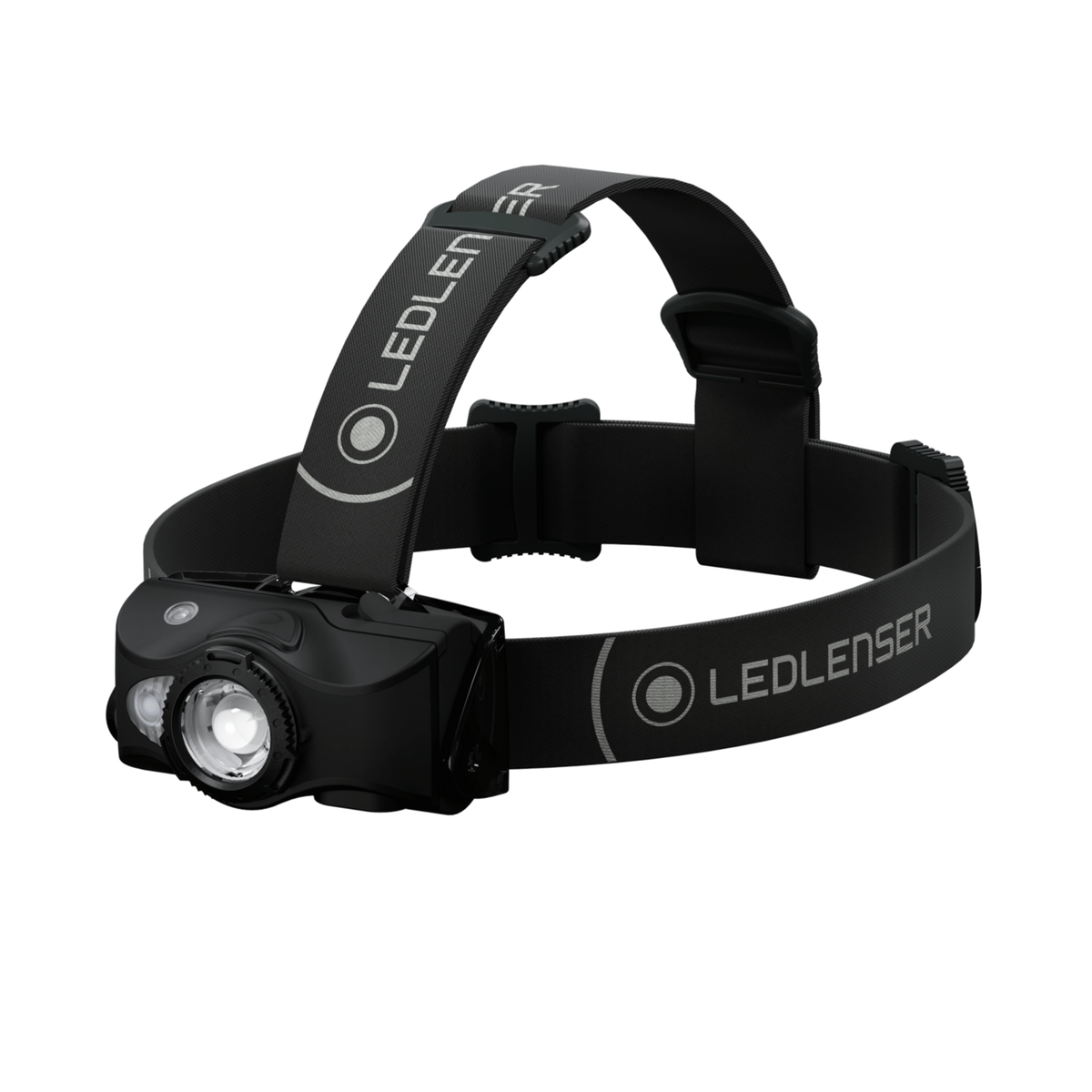 Ledlenser MH8 rechargeable head torch in black with top strap, angled view