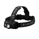 Ledlenser MH8 rechargeable head torch in black with top strap, angled view